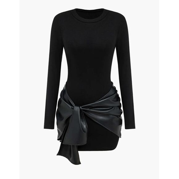 Faux Leather Patchwork Tie Front Round Neck Ruched Mini Dress - Picture 1 of 4